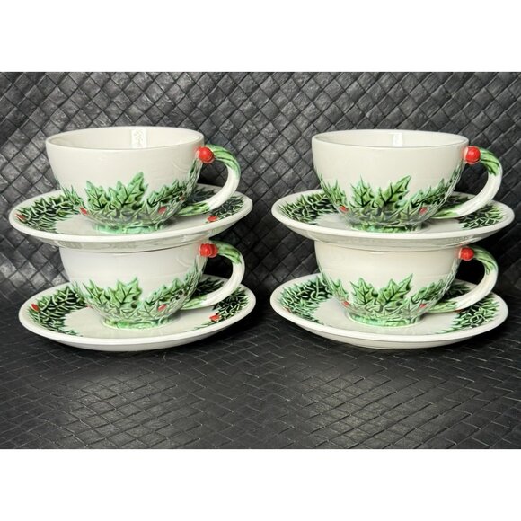 Lefton White Christmas Holly Leaf Cups Saucers Embossed Set Of 8 Vintage 1960s